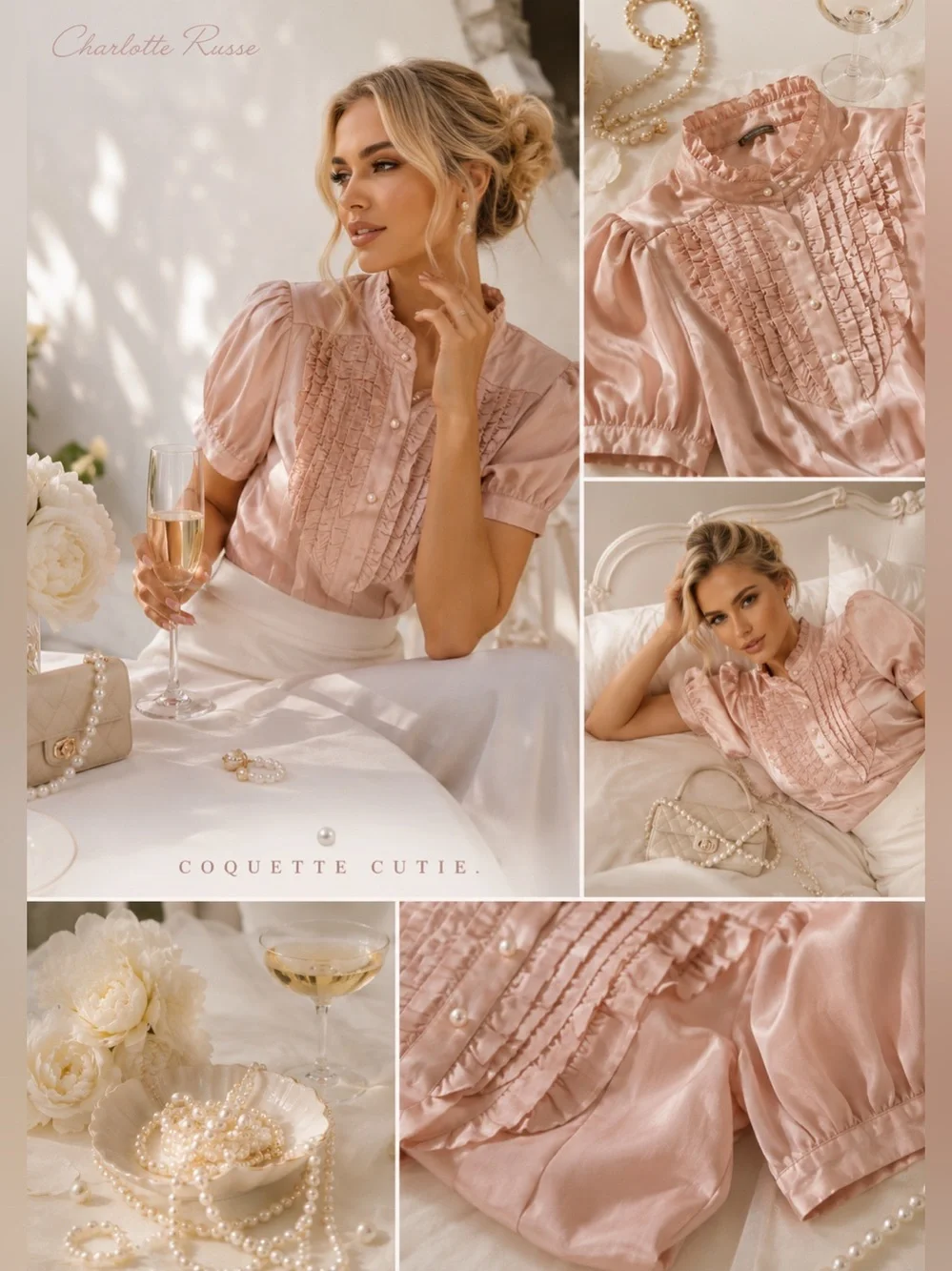 Charlotte Russe Light Blush Ruffle Button Front Top - Picture 2 of 5